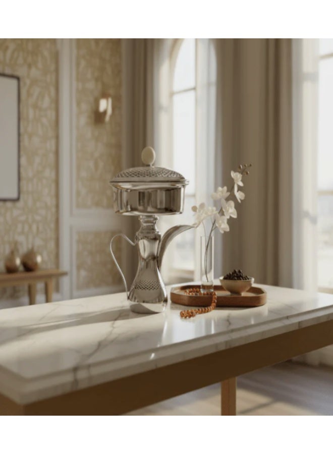 أي كي دي سي وعاء حلوى معدني بقاعدة على طراز الدلة من AKDC - طلاء فضي فاخر، وعاء تقديم عربي كبير مزخرف، 35 سم - Image 2